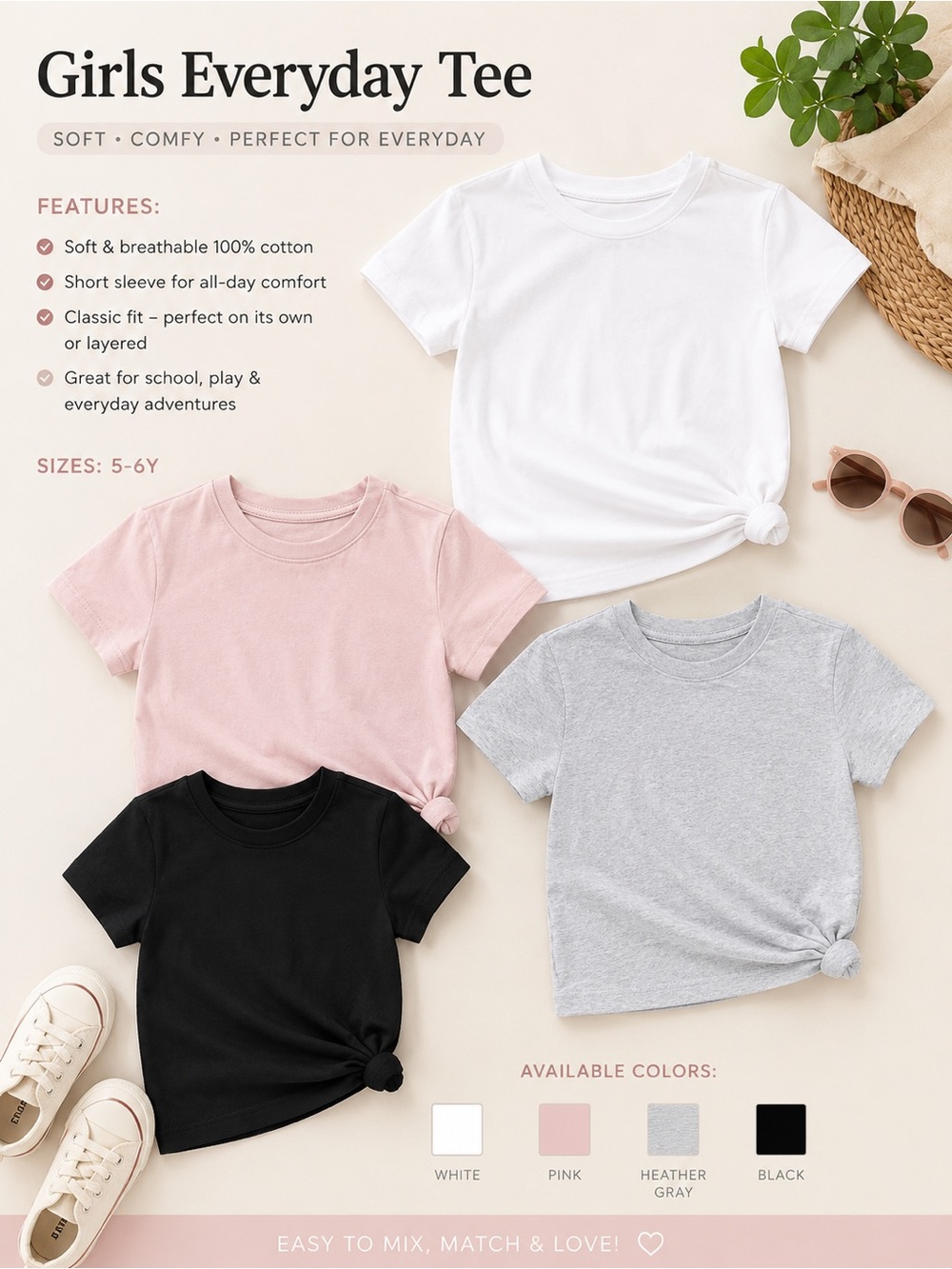Girls Everyday Cotton Tee | 5–6Y
